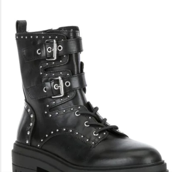 Chelsea & Violet Rhea Studded Leather Lace-Up Buckle Detail Combat Booties - Picture 2 of 4